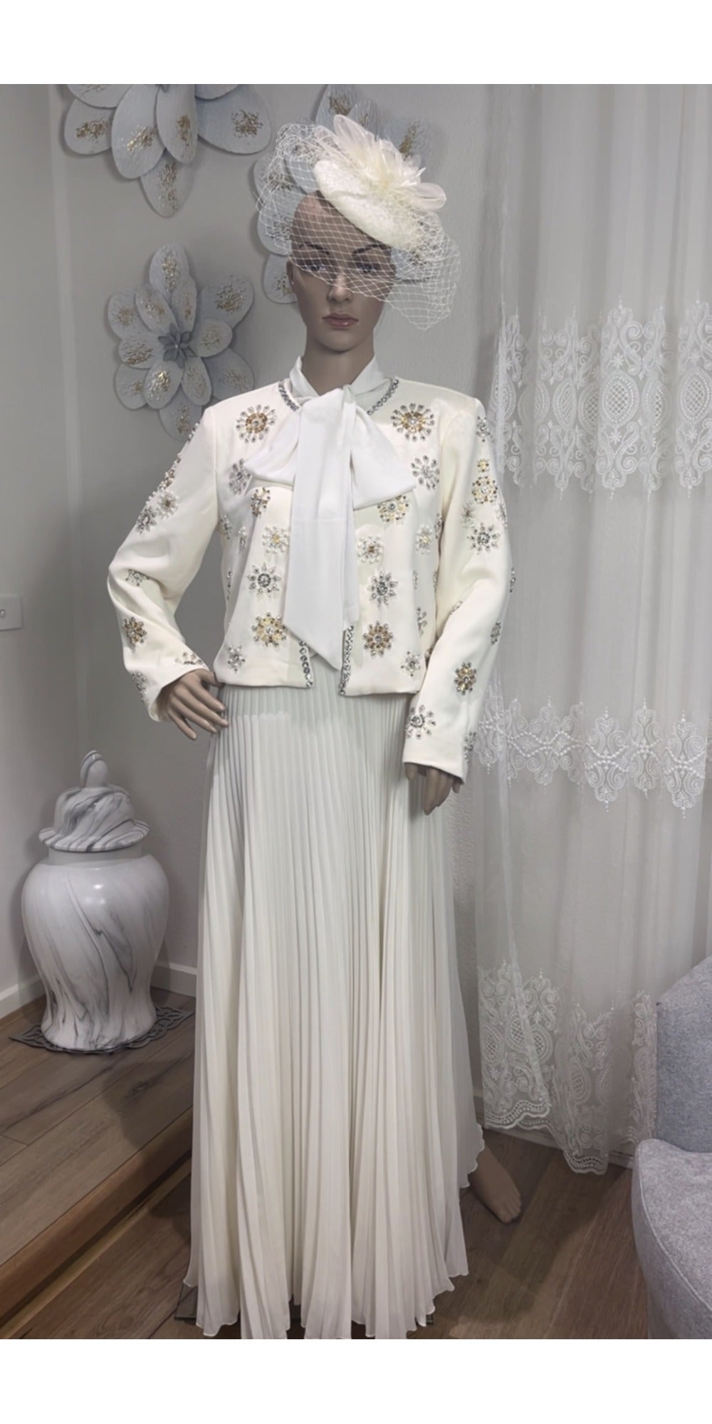 Dress with Beaded Coat - Beige